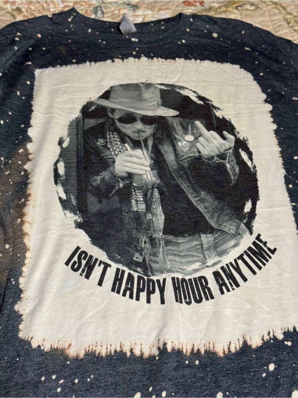Gildan Black & White Bleached Graphic Tee - 'Isn't Happy Hour Anytime'